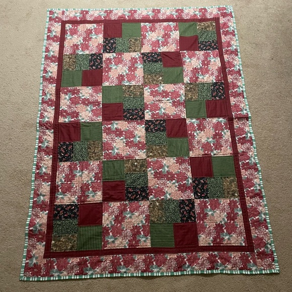 Other - Handmade Patchwork Quilt in Cranberry Red, Green & Cream